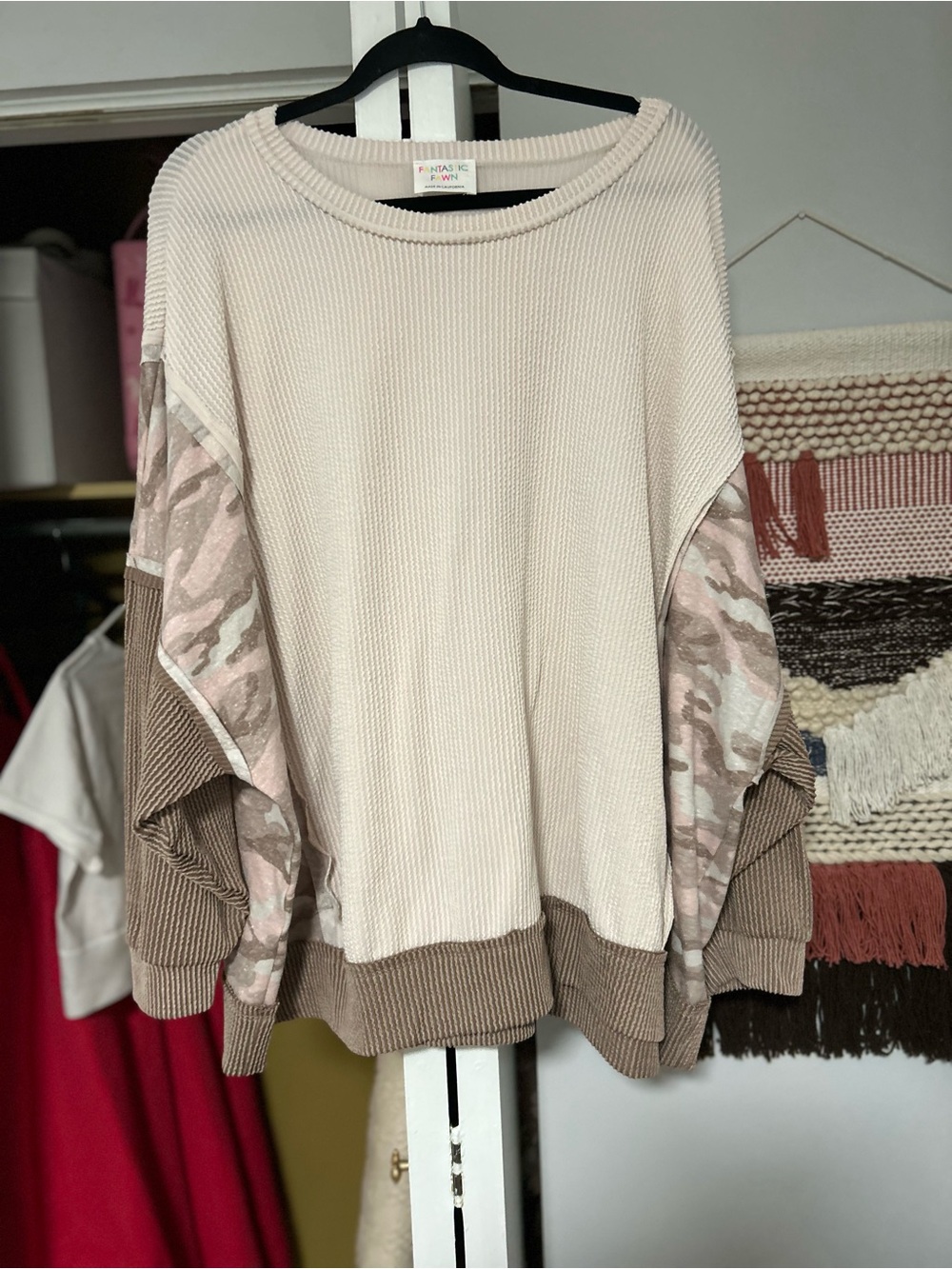 Fantastic Fawn Cream Pullover with Taupe & Blush Camo Sleeves